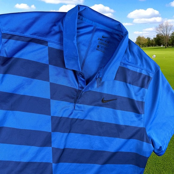 Nike Golf Polo Shirt Men 2XL Dri Fit Blue Stripe Activewear Athletic Performance - Picture 1 of 9